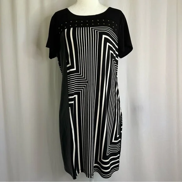 Calvin Klein | Dresses | Calvin Klein Shift Dress Faux Leather Studded  Striped Black White Size M | Poshmark